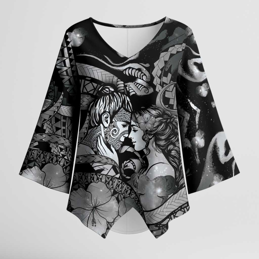 Personalised Maori Romantic Valentine Kimono Sleeve Blouse The Hongi Kiss Black Galaxy