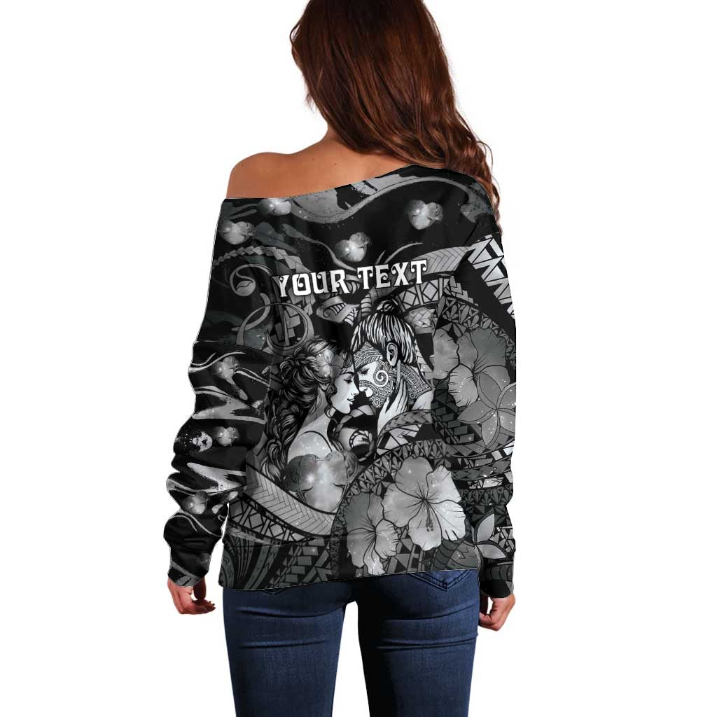 Personalised Maori Romantic Valentine Off Shoulder Sweater The Hongi Kiss Black Galaxy