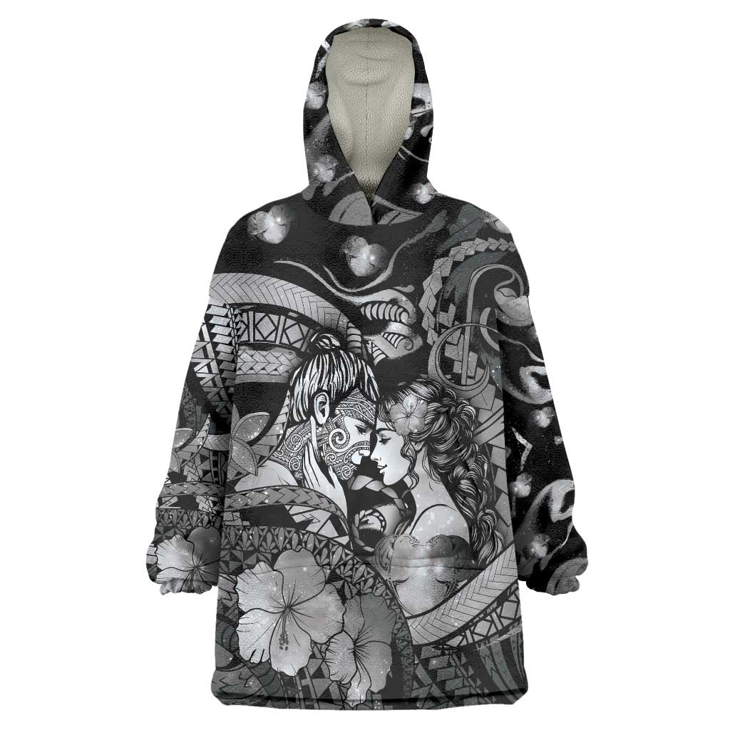 Personalised Maori Romantic Valentine Wearable Blanket Hoodie The Hongi Kiss Black Galaxy