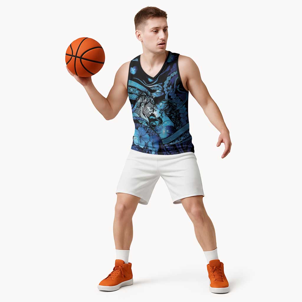 Personalised Maori Romantic Valentine Basketball Jersey The Hongi Kiss Blue Galaxy