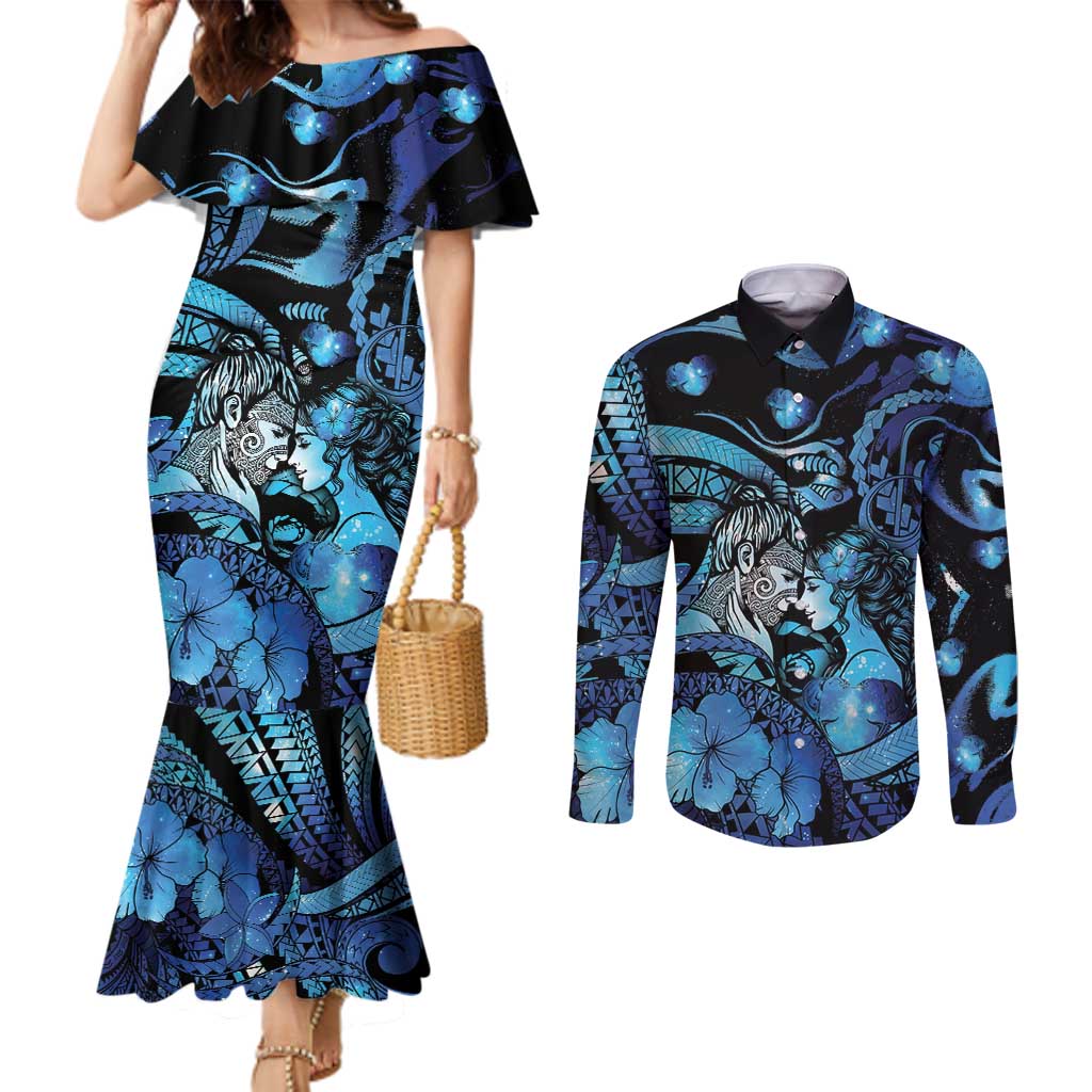 Personalised Maori Romantic Valentine Couples Matching Mermaid Dress and Long Sleeve Button Shirt The Hongi Kiss Blue Galaxy