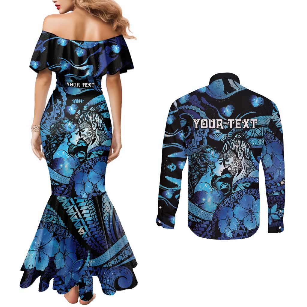 Personalised Maori Romantic Valentine Couples Matching Mermaid Dress and Long Sleeve Button Shirt The Hongi Kiss Blue Galaxy DT05 - Polynesian Pride