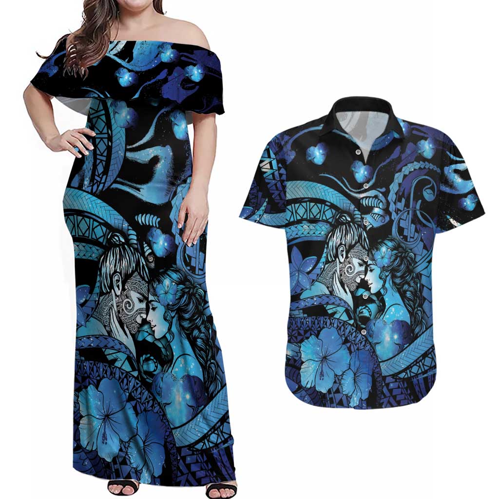 Personalised Maori Romantic Valentine Couples Matching Off Shoulder Maxi Dress and Hawaiian Shirt The Hongi Kiss Blue Galaxy DT05 Blue - Polynesian Pride