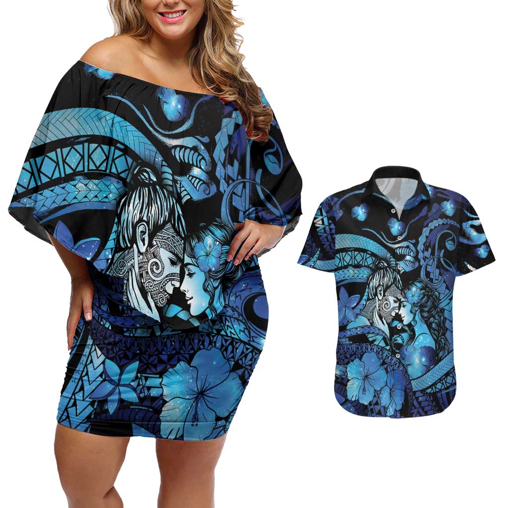 Personalised Maori Romantic Valentine Couples Matching Off Shoulder Short Dress and Hawaiian Shirt The Hongi Kiss Blue Galaxy DT05 Blue - Polynesian Pride