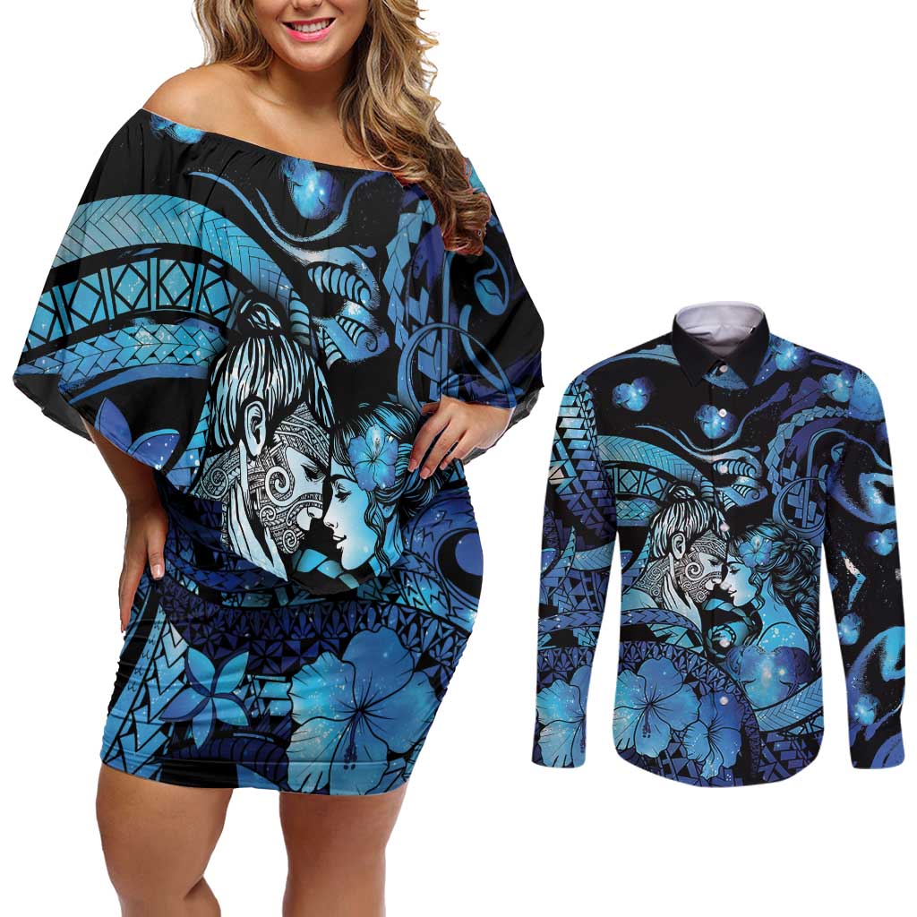 Personalised Maori Romantic Valentine Couples Matching Off Shoulder Short Dress and Long Sleeve Button Shirt The Hongi Kiss Blue Galaxy