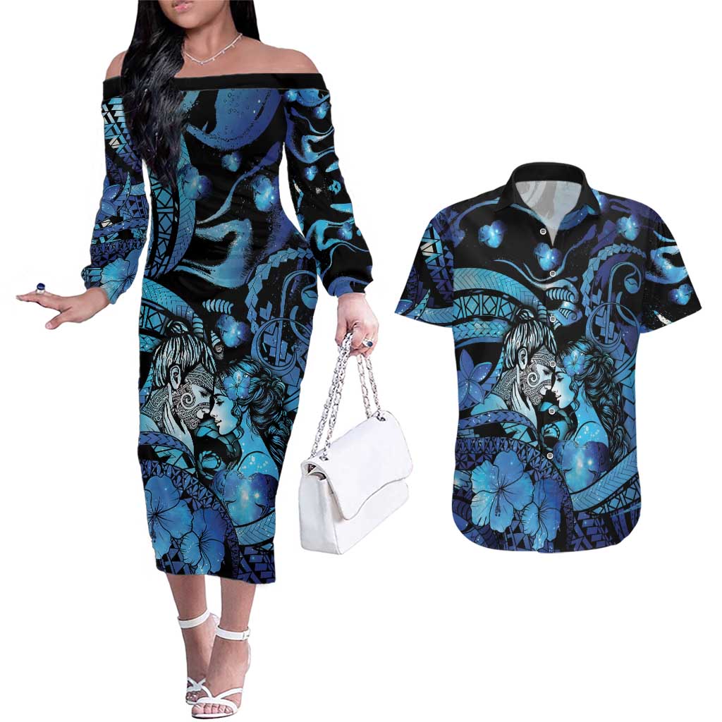 Personalised Maori Romantic Valentine Couples Matching Off The Shoulder Long Sleeve Dress and Hawaiian Shirt The Hongi Kiss Blue Galaxy DT05 Blue - Polynesian Pride