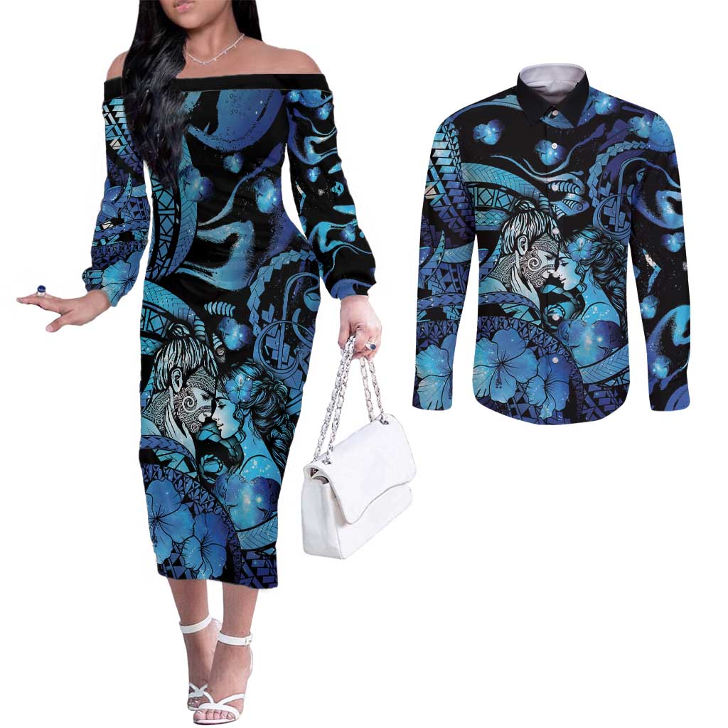 Personalised Maori Romantic Valentine Couples Matching Off The Shoulder Long Sleeve Dress and Long Sleeve Button Shirt The Hongi Kiss Blue Galaxy DT05 Blue - Polynesian Pride