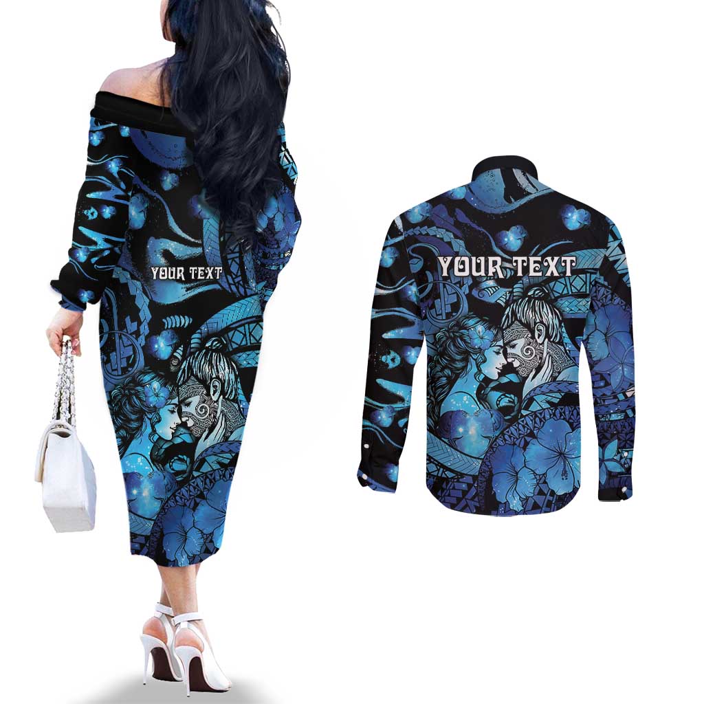 Personalised Maori Romantic Valentine Couples Matching Off The Shoulder Long Sleeve Dress and Long Sleeve Button Shirt The Hongi Kiss Blue Galaxy DT05 - Polynesian Pride