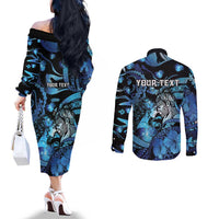 Personalised Maori Romantic Valentine Couples Matching Off The Shoulder Long Sleeve Dress and Long Sleeve Button Shirt The Hongi Kiss Blue Galaxy DT05 - Polynesian Pride