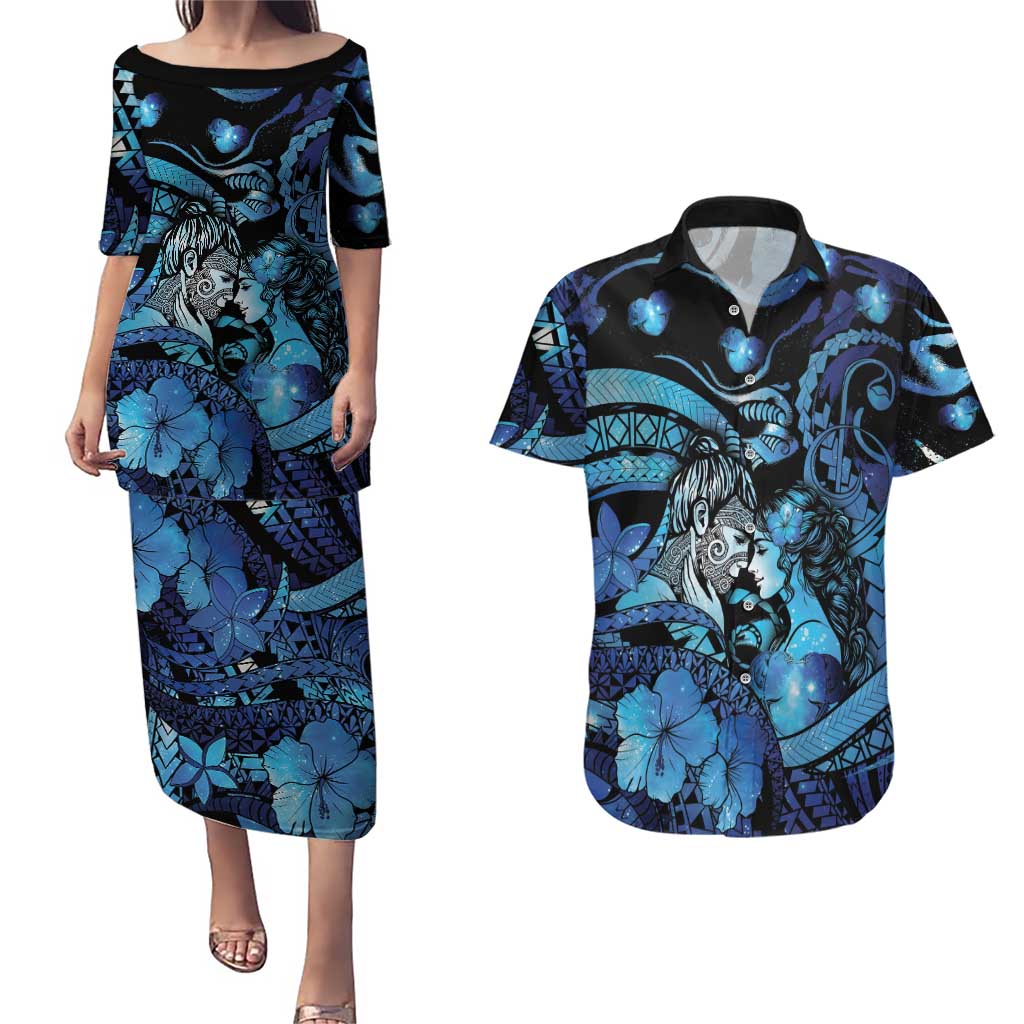 Personalised Maori Romantic Valentine Couples Matching Puletasi and Hawaiian Shirt The Hongi Kiss Blue Galaxy DT05 Blue - Polynesian Pride