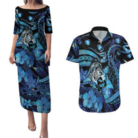 Personalised Maori Romantic Valentine Couples Matching Puletasi and Hawaiian Shirt The Hongi Kiss Blue Galaxy DT05 Blue - Polynesian Pride
