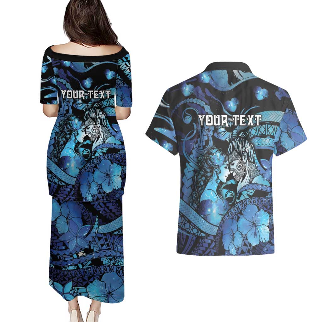 Personalised Maori Romantic Valentine Couples Matching Puletasi and Hawaiian Shirt The Hongi Kiss Blue Galaxy DT05 - Polynesian Pride