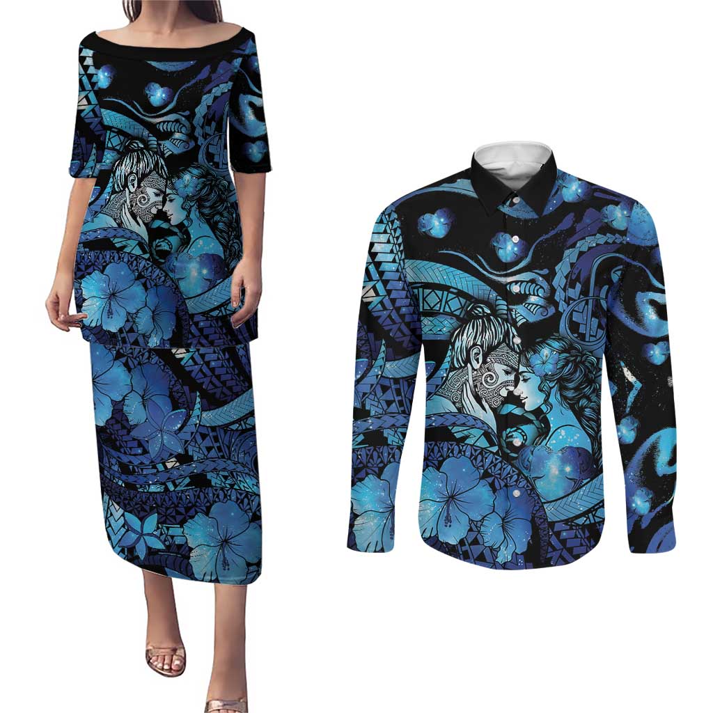 Personalised Maori Romantic Valentine Couples Matching Puletasi and Long Sleeve Button Shirt The Hongi Kiss Blue Galaxy