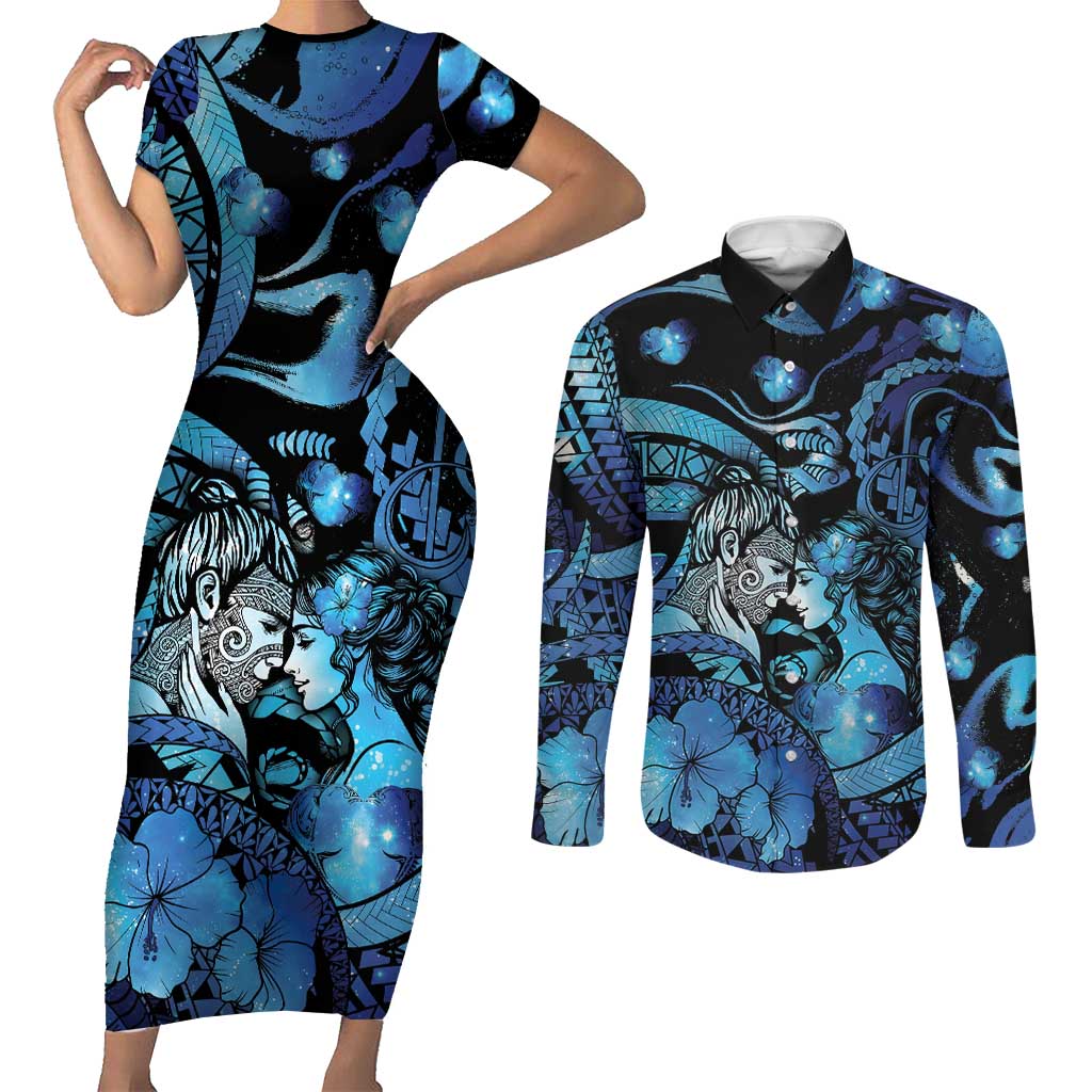 Personalised Maori Romantic Valentine Couples Matching Short Sleeve Bodycon Dress and Long Sleeve Button Shirt The Hongi Kiss Blue Galaxy DT05 Blue - Polynesian Pride