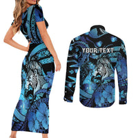 Personalised Maori Romantic Valentine Couples Matching Short Sleeve Bodycon Dress and Long Sleeve Button Shirt The Hongi Kiss Blue Galaxy DT05 - Polynesian Pride