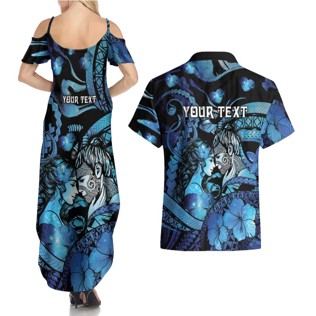 Personalised Maori Romantic Valentine Couples Matching Summer Maxi Dress and Hawaiian Shirt The Hongi Kiss Blue Galaxy DT05 - Polynesian Pride