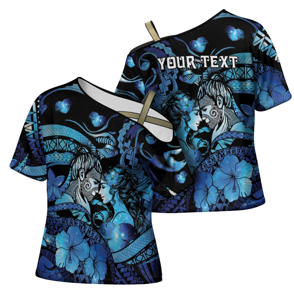 Personalised Maori Romantic Valentine Cross Shoulder Shirt The Hongi Kiss Blue Galaxy