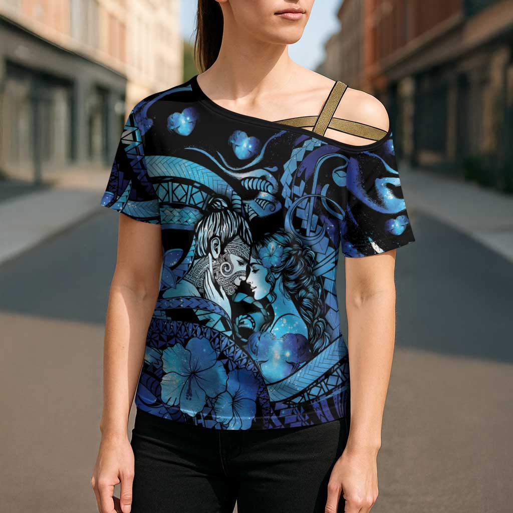 Personalised Maori Romantic Valentine Cross Shoulder Shirt The Hongi Kiss Blue Galaxy