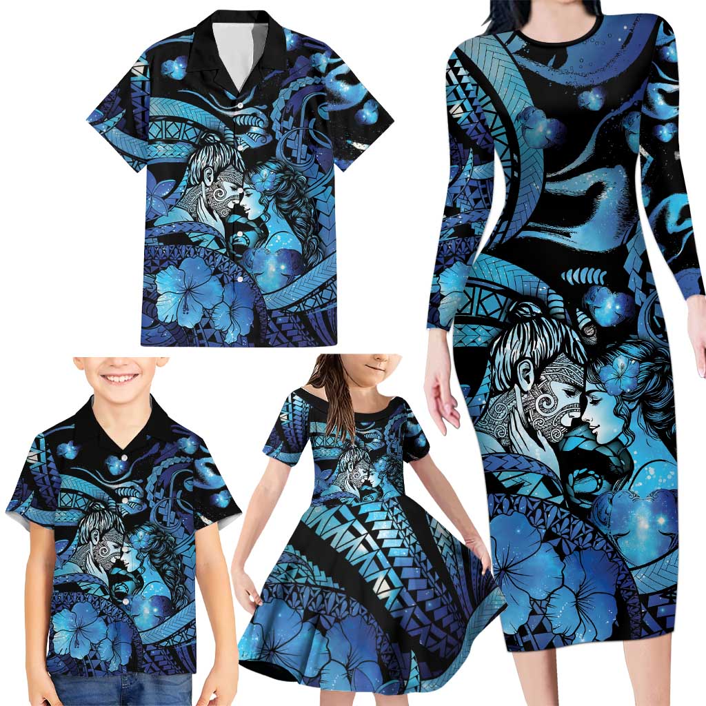 Personalised Maori Romantic Valentine Family Matching Long Sleeve Bodycon Dress and Hawaiian Shirt The Hongi Kiss Blue Galaxy DT05 - Polynesian Pride