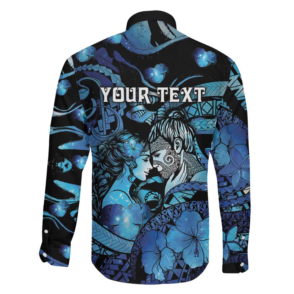 Personalised Maori Romantic Valentine Family Matching Long Sleeve Bodycon Dress and Hawaiian Shirt The Hongi Kiss Blue Galaxy DT05 - Polynesian Pride