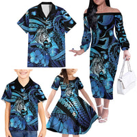 Personalised Maori Romantic Valentine Family Matching Off The Shoulder Long Sleeve Dress and Hawaiian Shirt The Hongi Kiss Blue Galaxy DT05 - Polynesian Pride