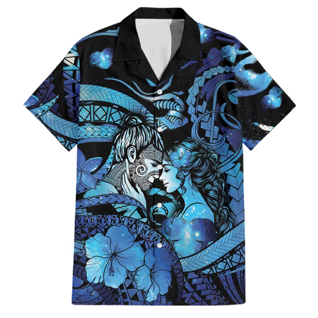 Personalised Maori Romantic Valentine Family Matching Off The Shoulder Long Sleeve Dress and Hawaiian Shirt The Hongi Kiss Blue Galaxy DT05 Dad's Shirt - Short Sleeve Blue - Polynesian Pride