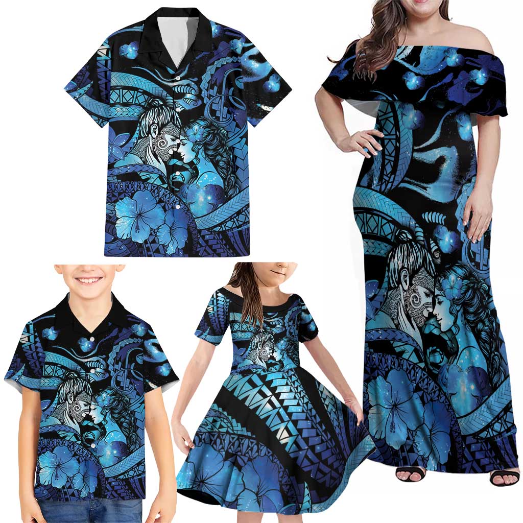 Personalised Maori Romantic Valentine Family Matching Off Shoulder Maxi Dress and Hawaiian Shirt The Hongi Kiss Blue Galaxy DT05 - Polynesian Pride