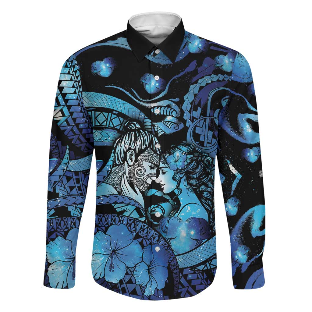 Personalised Maori Romantic Valentine Family Matching Off Shoulder Short Dress and Hawaiian Shirt The Hongi Kiss Blue Galaxy DT05 Dad's Shirt - Long Sleeve Blue - Polynesian Pride