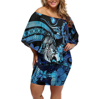 Personalised Maori Romantic Valentine Family Matching Off Shoulder Short Dress and Hawaiian Shirt The Hongi Kiss Blue Galaxy DT05 Mom's Dress Blue - Polynesian Pride