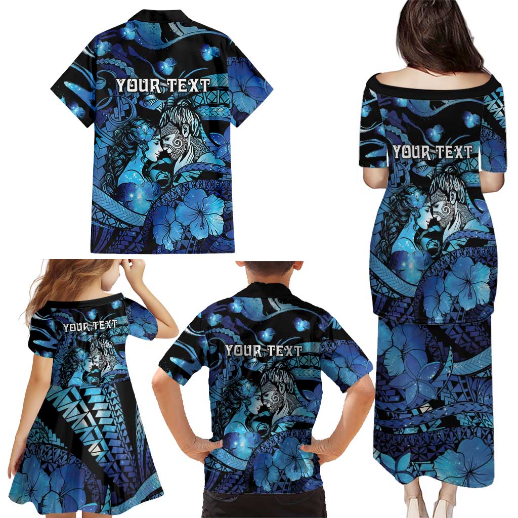 Personalised Maori Romantic Valentine Family Matching Puletasi and Hawaiian Shirt The Hongi Kiss Blue Galaxy DT05 - Polynesian Pride