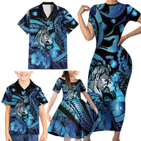 Personalised Maori Romantic Valentine Family Matching Short Sleeve Bodycon Dress and Hawaiian Shirt The Hongi Kiss Blue Galaxy DT05 - Polynesian Pride