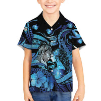 Personalised Maori Romantic Valentine Family Matching Short Sleeve Bodycon Dress and Hawaiian Shirt The Hongi Kiss Blue Galaxy DT05 Son's Shirt Blue - Polynesian Pride