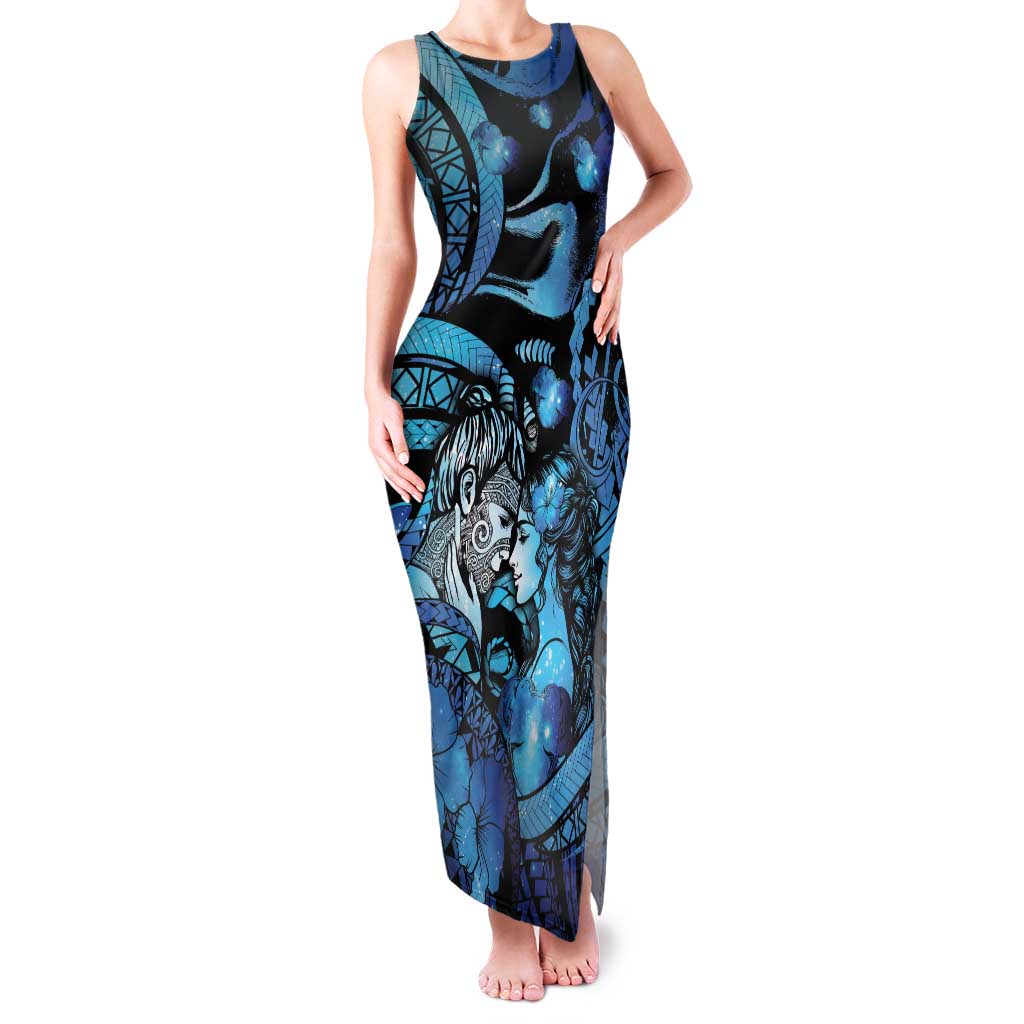Personalised Maori Romantic Valentine Family Matching Tank Maxi Dress and Hawaiian Shirt The Hongi Kiss Blue Galaxy DT05 Mom's Dress Blue - Polynesian Pride