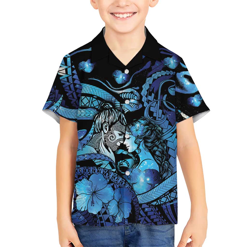 Personalised Maori Romantic Valentine Family Matching Tank Maxi Dress and Hawaiian Shirt The Hongi Kiss Blue Galaxy DT05 Son's Shirt Blue - Polynesian Pride