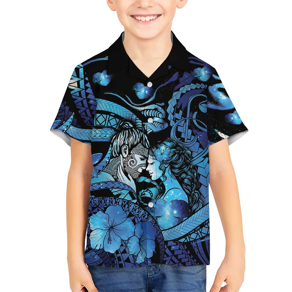 Personalised Maori Romantic Valentine Hawaiian Shirt The Hongi Kiss Blue Galaxy