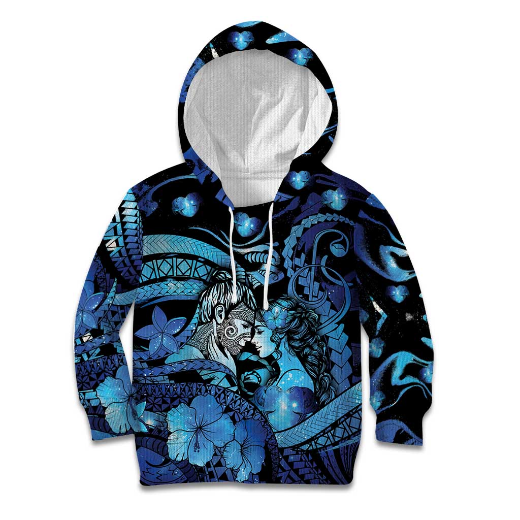 Personalised Maori Romantic Valentine Kid Hoodie The Hongi Kiss Blue Galaxy