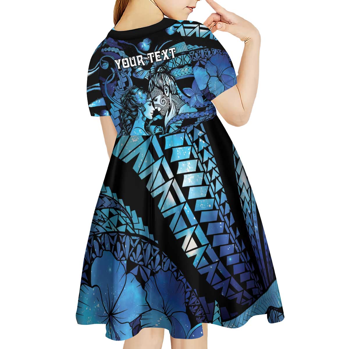 Personalised Maori Romantic Valentine Kid Short Sleeve Dress The Hongi Kiss Blue Galaxy