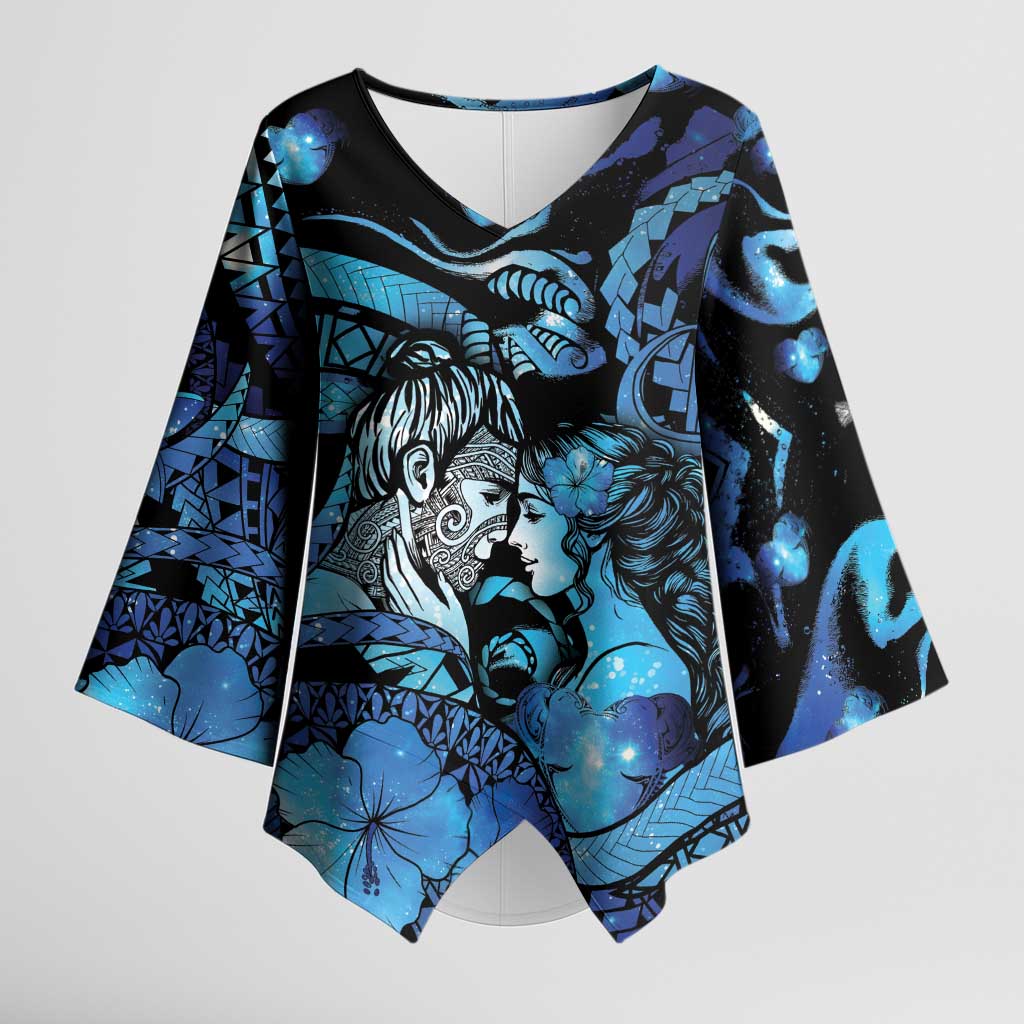 Personalised Maori Romantic Valentine Kimono Sleeve Blouse The Hongi Kiss Blue Galaxy