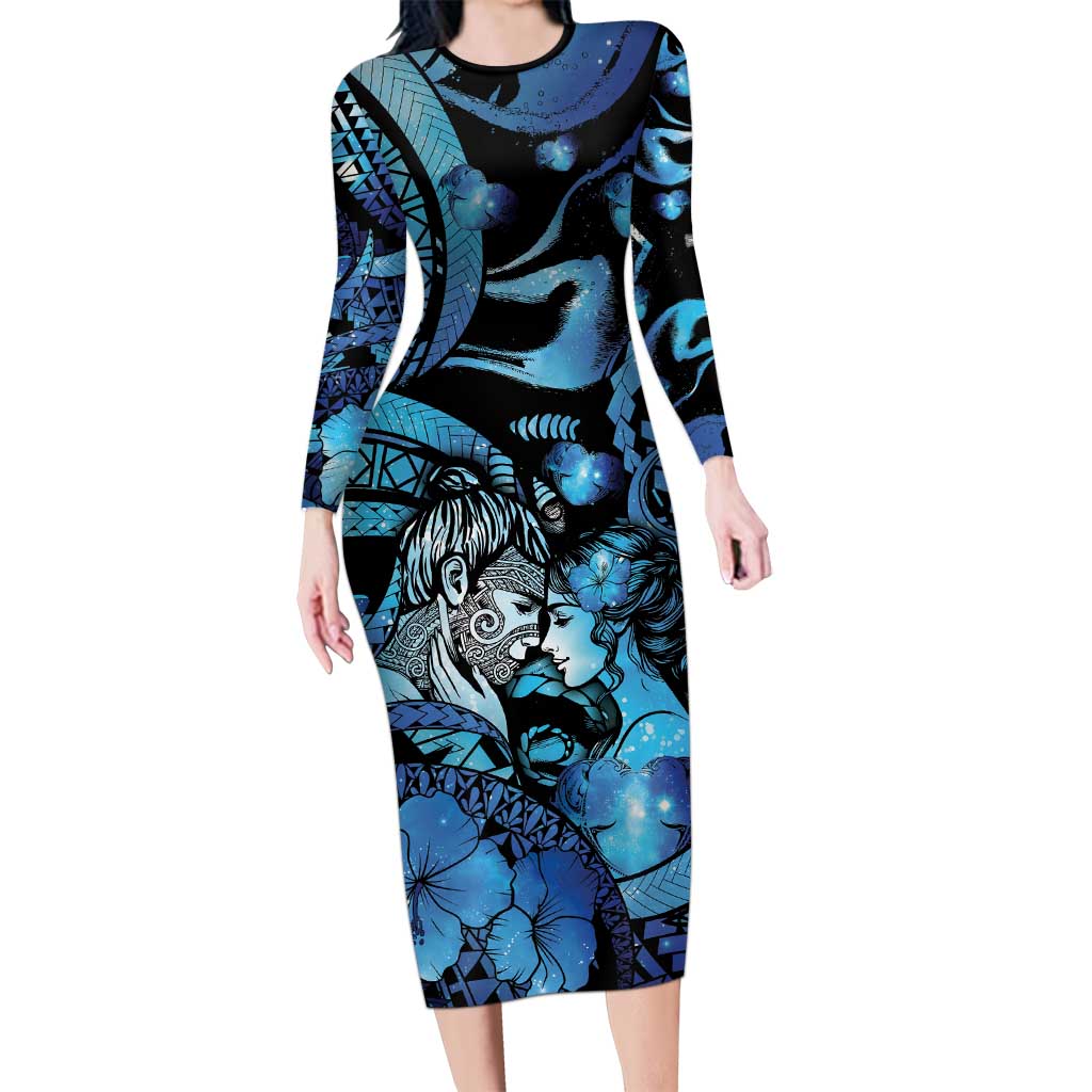 Personalised Maori Romantic Valentine Long Sleeve Bodycon Dress The Hongi Kiss Blue Galaxy