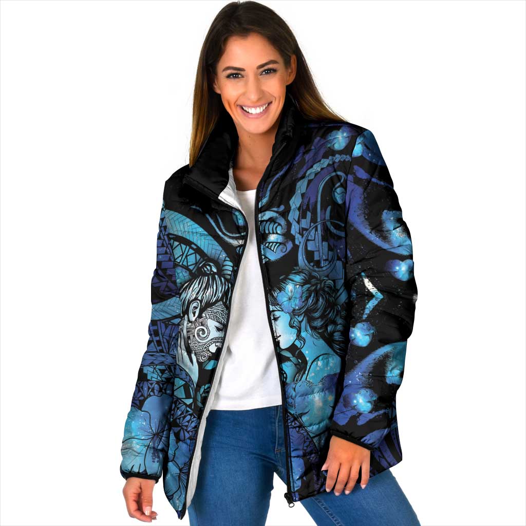 Personalised Maori Romantic Valentine Padded Jacket The Hongi Kiss Blue Galaxy