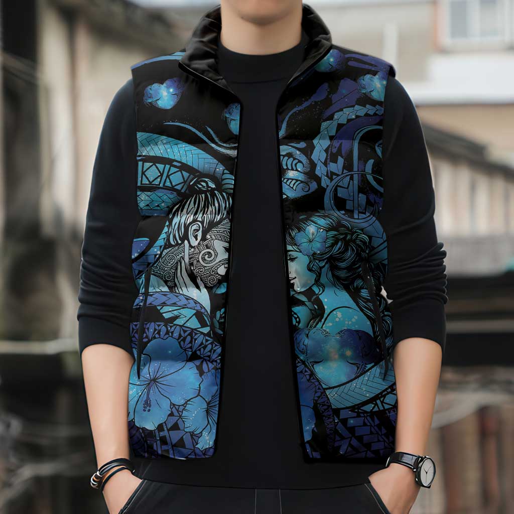 Personalised Maori Romantic Valentine Sleeveless Puffer Jacket The Hongi Kiss Blue Galaxy
