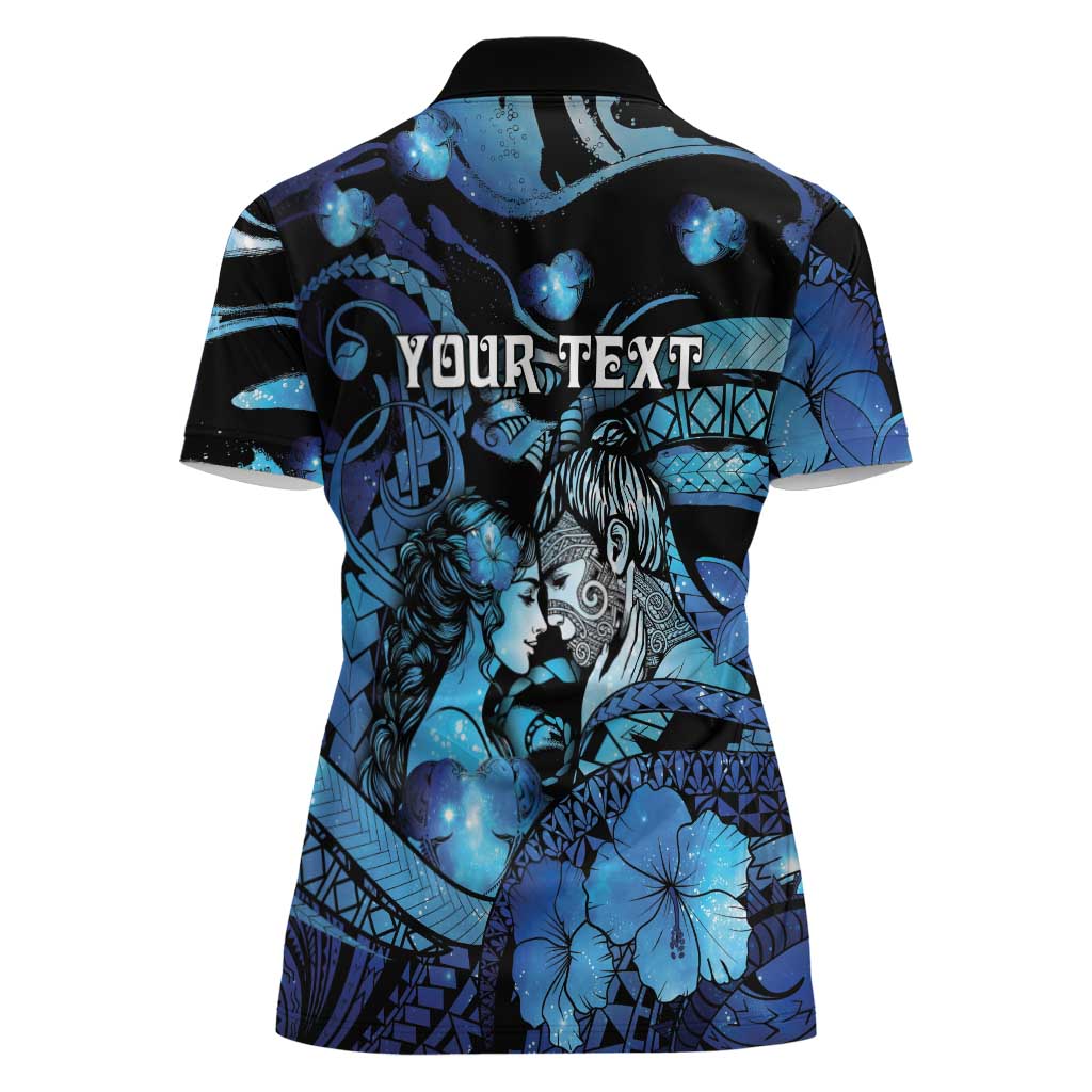 Personalised Maori Romantic Valentine Women Polo Shirt The Hongi Kiss Blue Galaxy