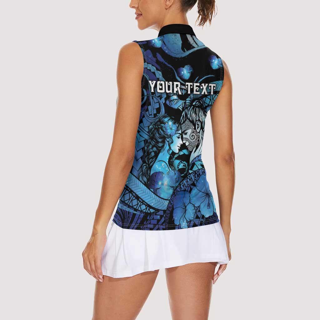 Personalised Maori Romantic Valentine Women Sleeveless Polo Shirt The Hongi Kiss Blue Galaxy