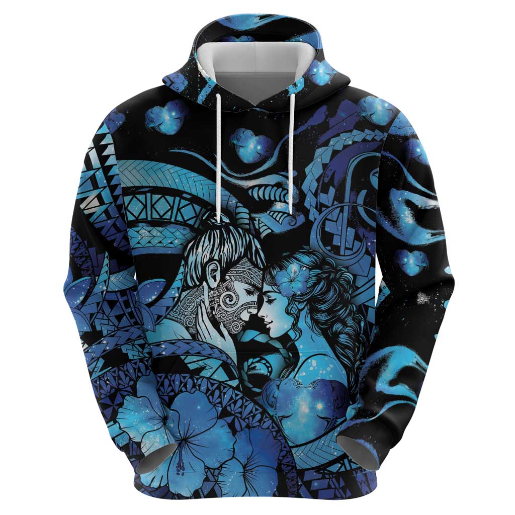 Personalised Maori Romantic Valentine Zip Hoodie The Hongi Kiss Blue Galaxy