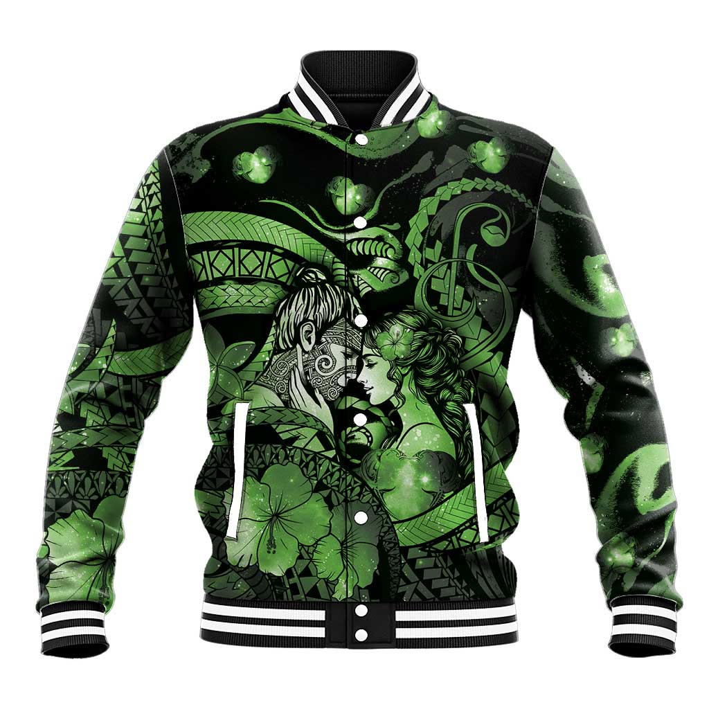 Personalised Maori Romantic Valentine Baseball Jacket The Hongi Kiss Green Galaxy