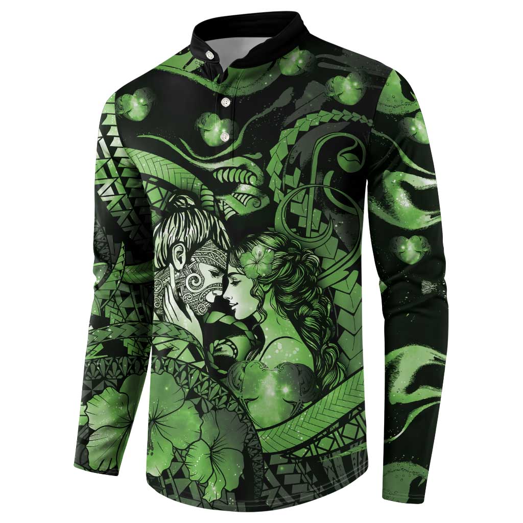 Personalised Maori Romantic Valentine Button Sweatshirt The Hongi Kiss Green Galaxy