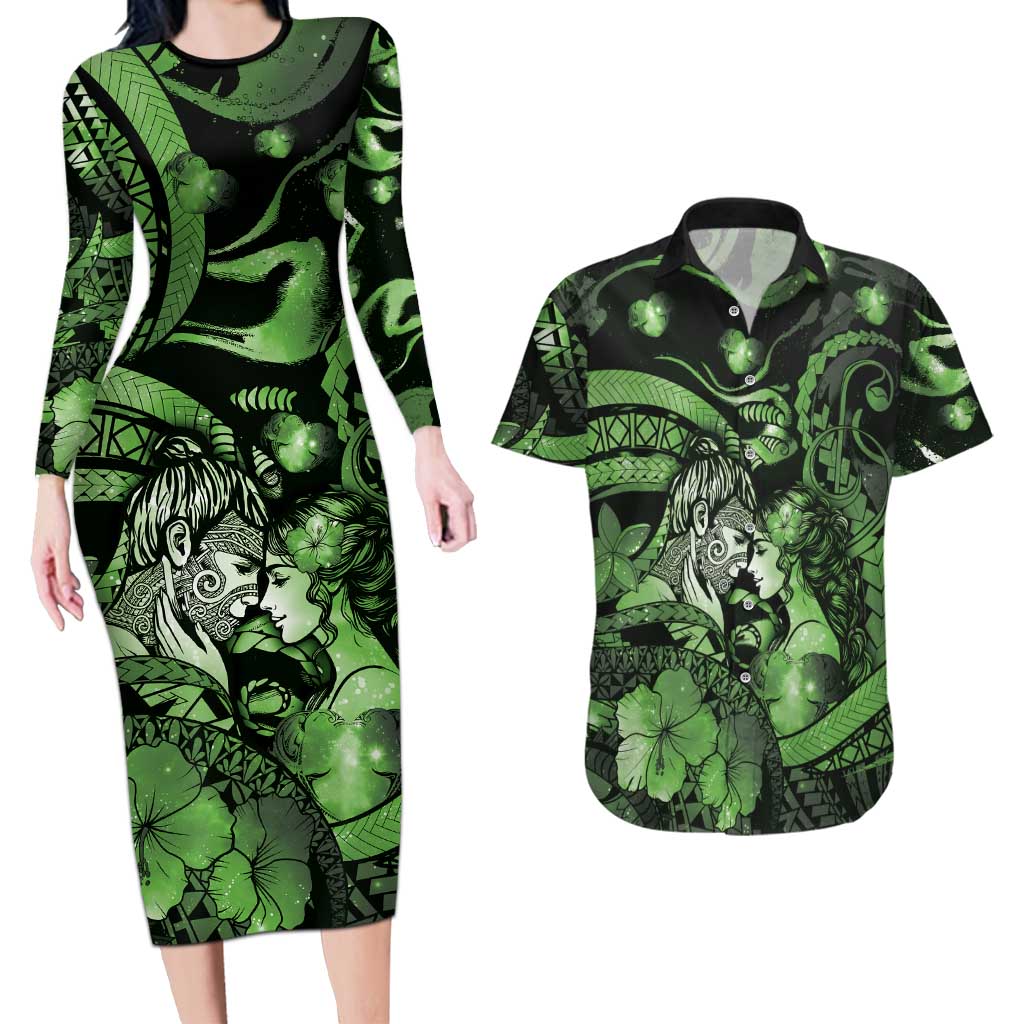 Personalised Maori Romantic Valentine Couples Matching Long Sleeve Bodycon Dress and Hawaiian Shirt The Hongi Kiss Green Galaxy