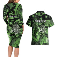 Personalised Maori Romantic Valentine Couples Matching Long Sleeve Bodycon Dress and Hawaiian Shirt The Hongi Kiss Green Galaxy DT05 - Polynesian Pride