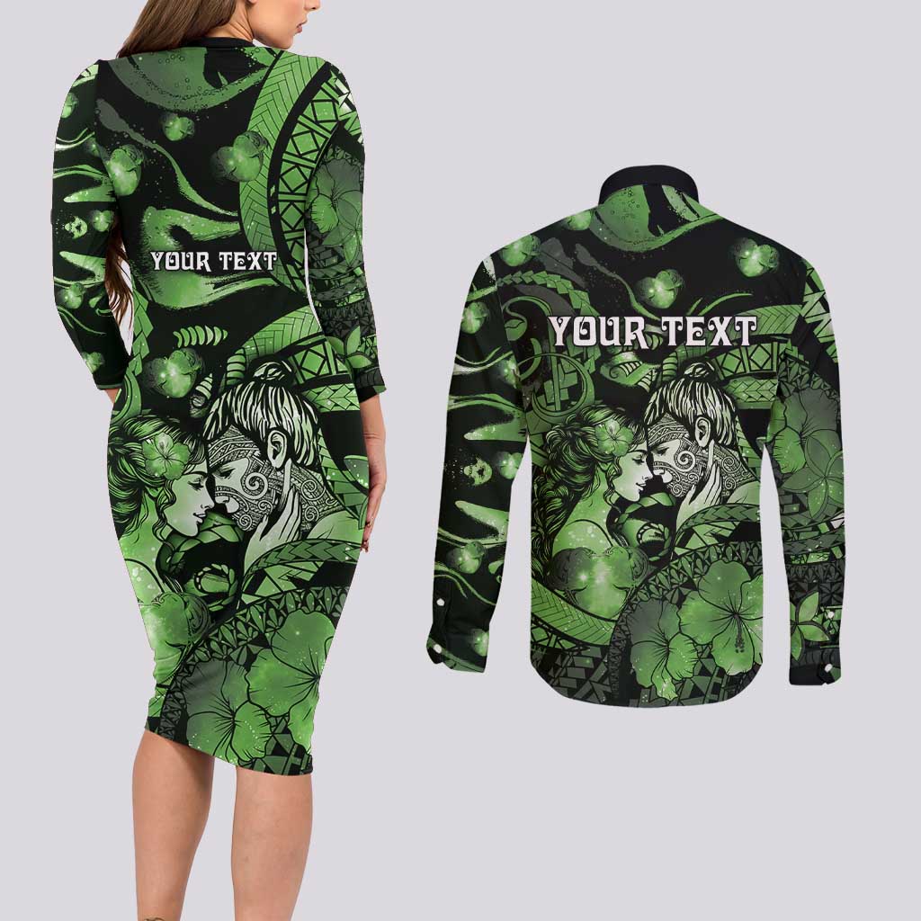 Personalised Maori Romantic Valentine Couples Matching Long Sleeve Bodycon Dress and Long Sleeve Button Shirt The Hongi Kiss Green Galaxy DT05 - Polynesian Pride