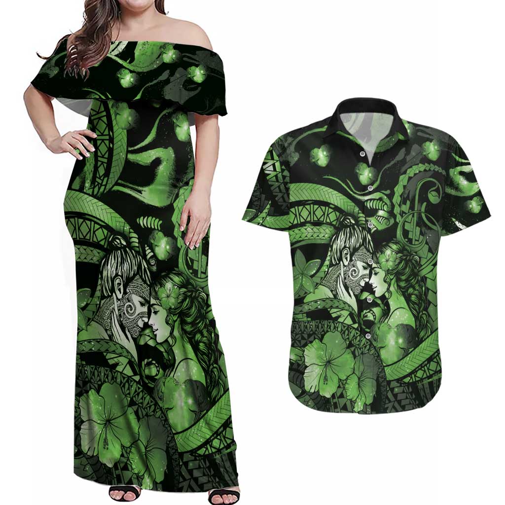 Personalised Maori Romantic Valentine Couples Matching Off Shoulder Maxi Dress and Hawaiian Shirt The Hongi Kiss Green Galaxy DT05 Green - Polynesian Pride